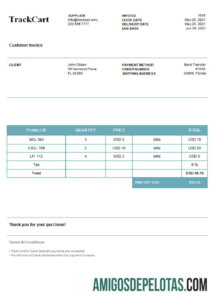 Fatura TrackCart dos EUA exemplo real